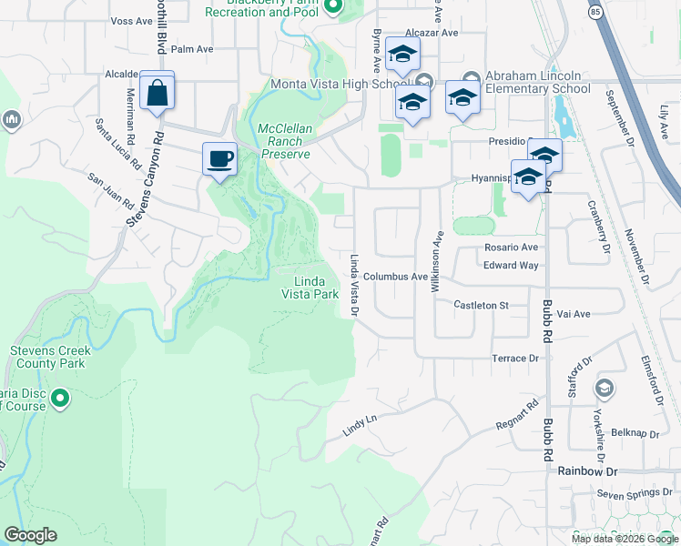 map of restaurants, bars, coffee shops, grocery stores, and more near 11046 Linda Vista Drive in Cupertino