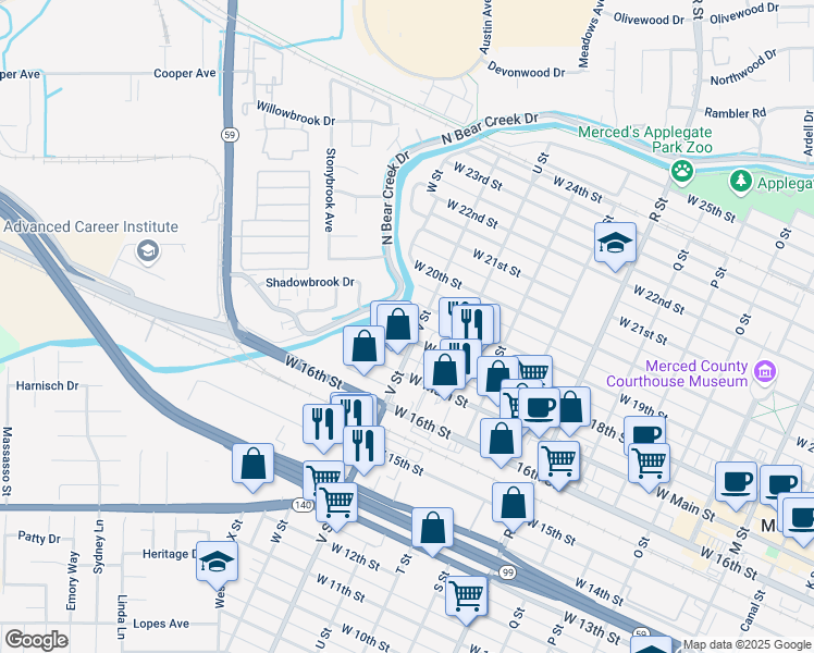 map of restaurants, bars, coffee shops, grocery stores, and more near 1525 West 18th Street in Merced