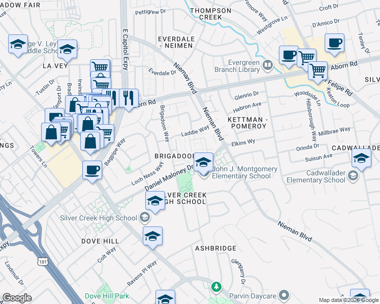 map of restaurants, bars, coffee shops, grocery stores, and more near 3344 Innerwick Lane in San Jose