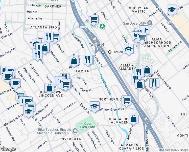map of restaurants, bars, coffee shops, grocery stores, and more near 1523 Alma Terrace in San Jose