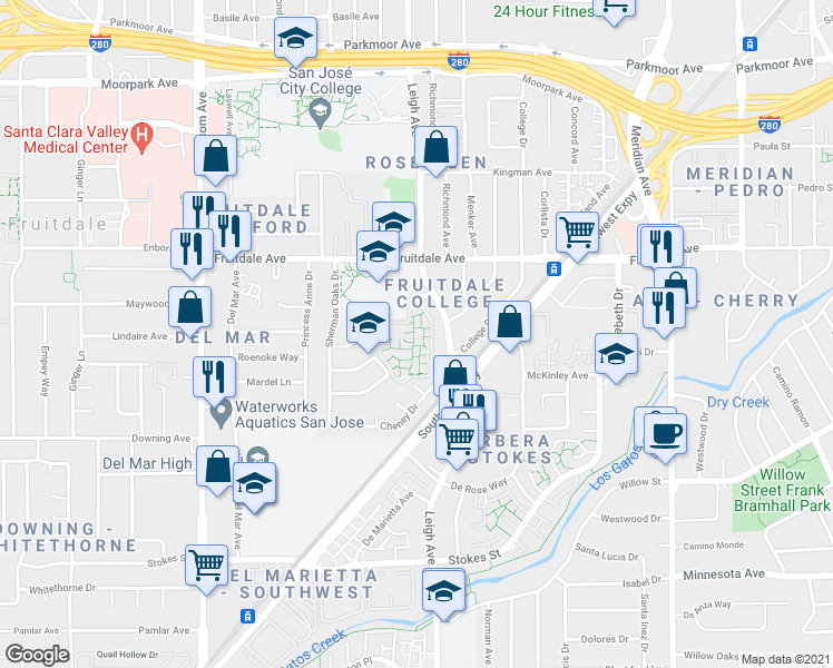 map of restaurants, bars, coffee shops, grocery stores, and more near 943 Willowleaf Drive in San Jose
