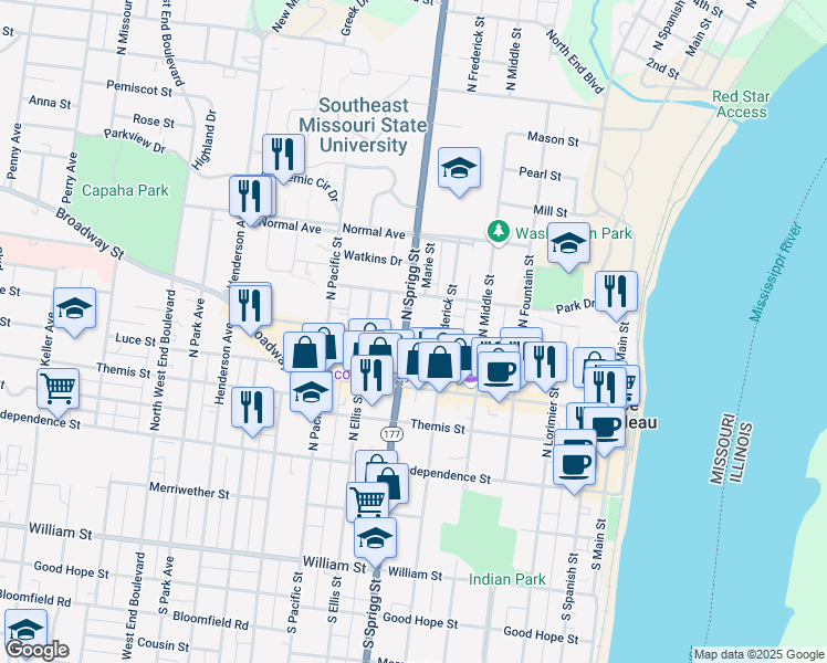 map of restaurants, bars, coffee shops, grocery stores, and more near 625 Bellevue Street in Cape Girardeau