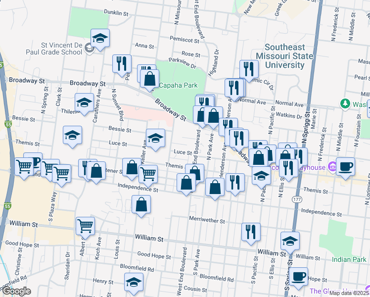 map of restaurants, bars, coffee shops, grocery stores, and more near 1417 Luce Street in Cape Girardeau