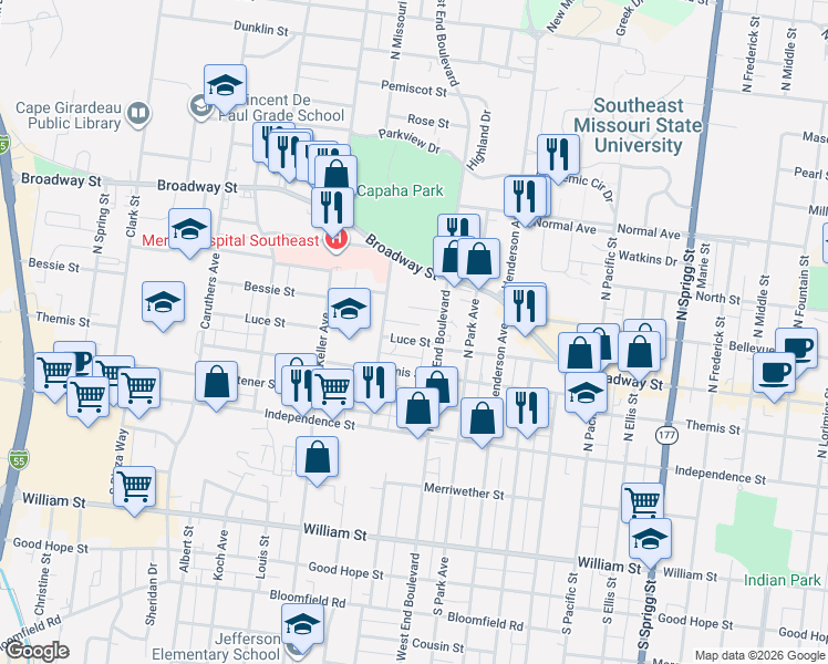map of restaurants, bars, coffee shops, grocery stores, and more near 1417 Luce Street in Cape Girardeau