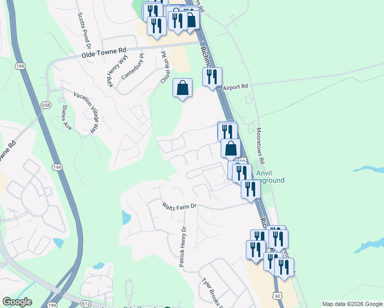 map of restaurants, bars, coffee shops, grocery stores, and more near 222 Claiborne Drive in Williamsburg