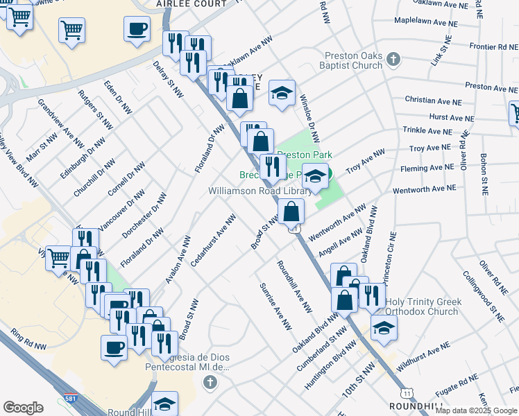 map of restaurants, bars, coffee shops, grocery stores, and more near 3923 Greenlawn Avenue Northwest in Roanoke