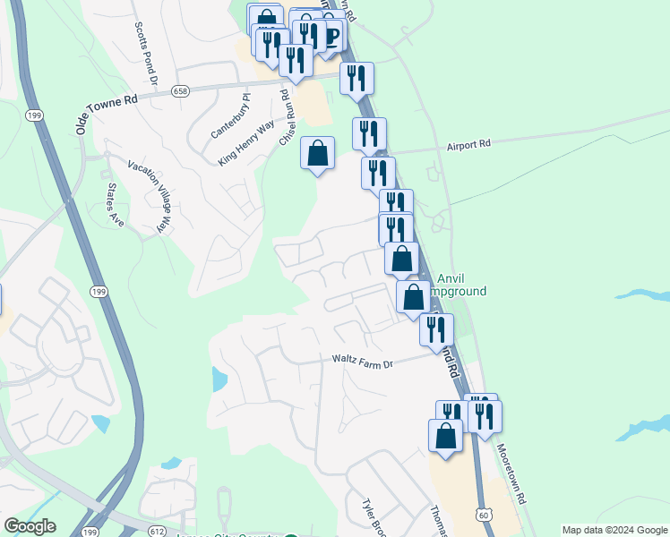 map of restaurants, bars, coffee shops, grocery stores, and more near 201 Desmonde Drive in Williamsburg