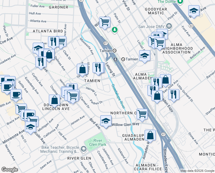 map of restaurants, bars, coffee shops, grocery stores, and more near 1414 Alma Way in San Jose
