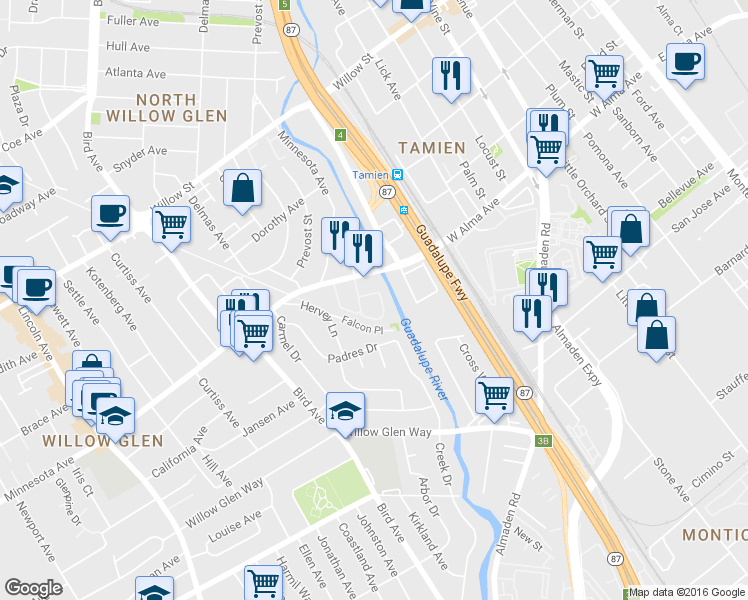 map of restaurants, bars, coffee shops, grocery stores, and more near 1414 Alma Way in San Jose