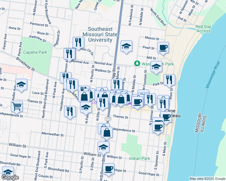 map of restaurants, bars, coffee shops, grocery stores, and more near 632 Bellevue Street in Cape Girardeau