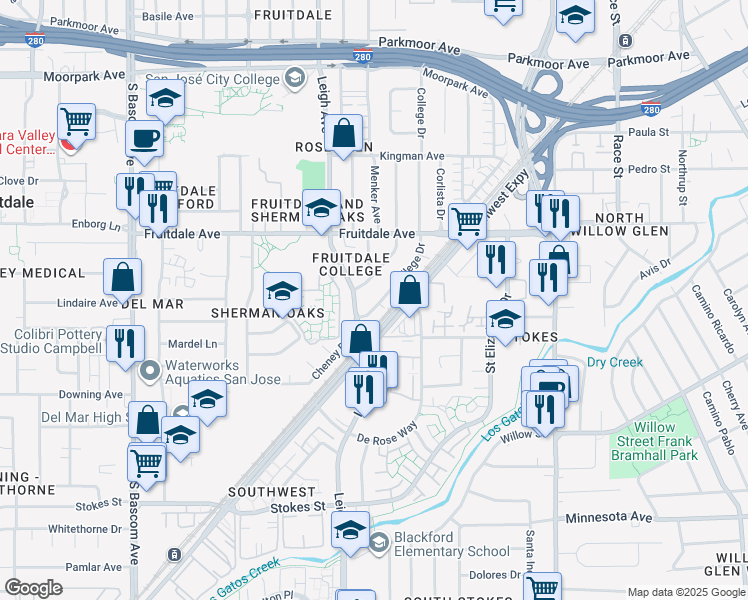 map of restaurants, bars, coffee shops, grocery stores, and more near 992 College Drive in San Jose