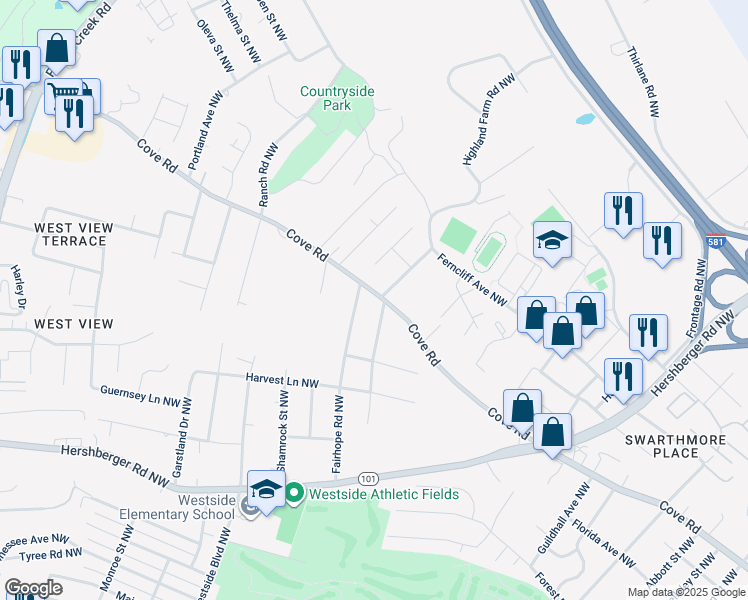 map of restaurants, bars, coffee shops, grocery stores, and more near 3710 Cove Road in Roanoke