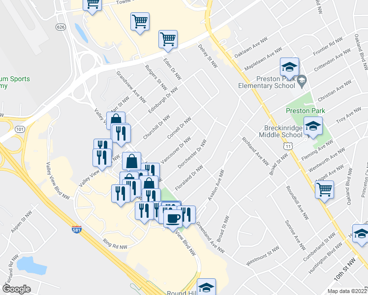 map of restaurants, bars, coffee shops, grocery stores, and more near 2535 Vancouver Drive Northwest in Roanoke