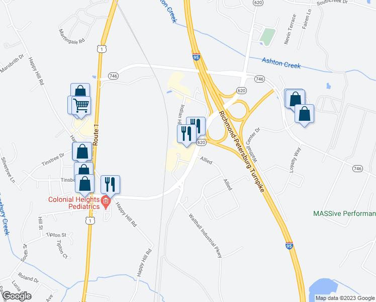 map of restaurants, bars, coffee shops, grocery stores, and more near 15740 Woods Edge Road in Colonial Heights