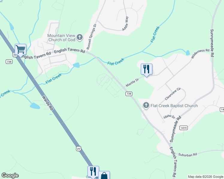 map of restaurants, bars, coffee shops, grocery stores, and more near 15 Jasper Circle in Lynchburg