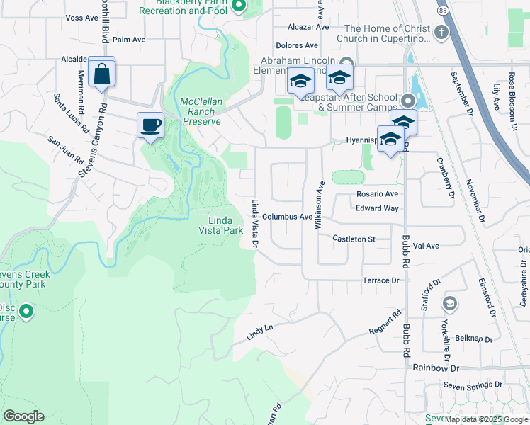 map of restaurants, bars, coffee shops, grocery stores, and more near 21971 Columbus Avenue in Cupertino