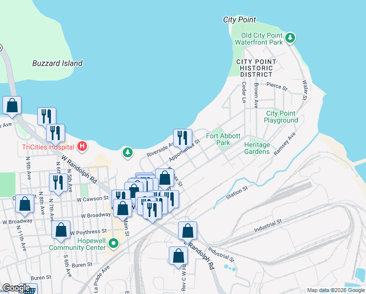 map of restaurants, bars, coffee shops, grocery stores, and more near 503 Appomattox Street in Hopewell