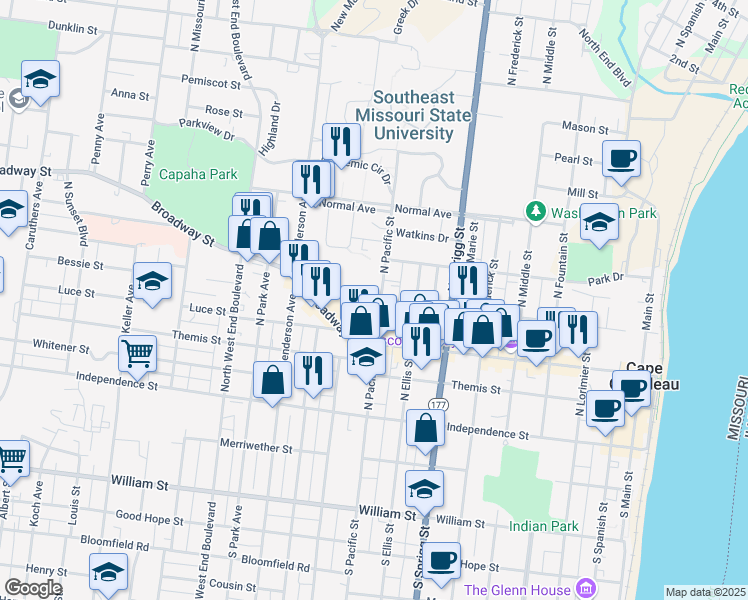 map of restaurants, bars, coffee shops, grocery stores, and more near 903 Bellevue Street in Cape Girardeau