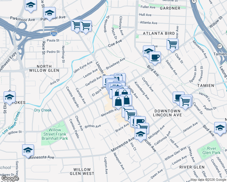 map of restaurants, bars, coffee shops, grocery stores, and more near Lincoln Ave & Willow St in San Jose