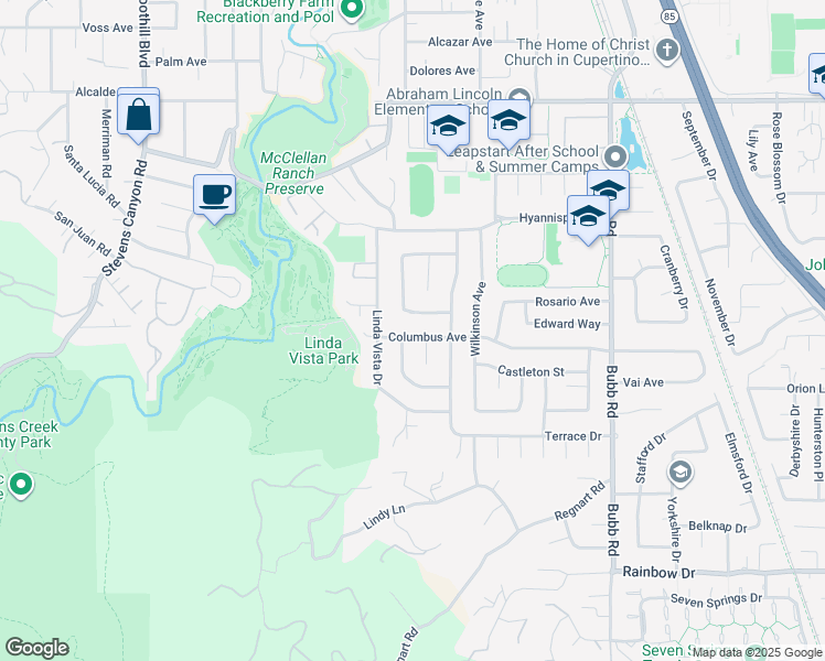 map of restaurants, bars, coffee shops, grocery stores, and more near 11053 Bel Aire Court in Cupertino