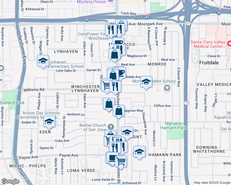 map of restaurants, bars, coffee shops, grocery stores, and more near 1025 Winchester Boulevard in San Jose