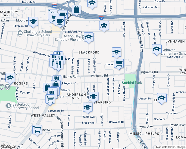 map of restaurants, bars, coffee shops, grocery stores, and more near 3982 Williams Road in San Jose