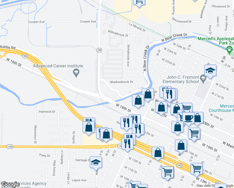 map of restaurants, bars, coffee shops, grocery stores, and more near 1715 West North Bear Creek Drive in Merced