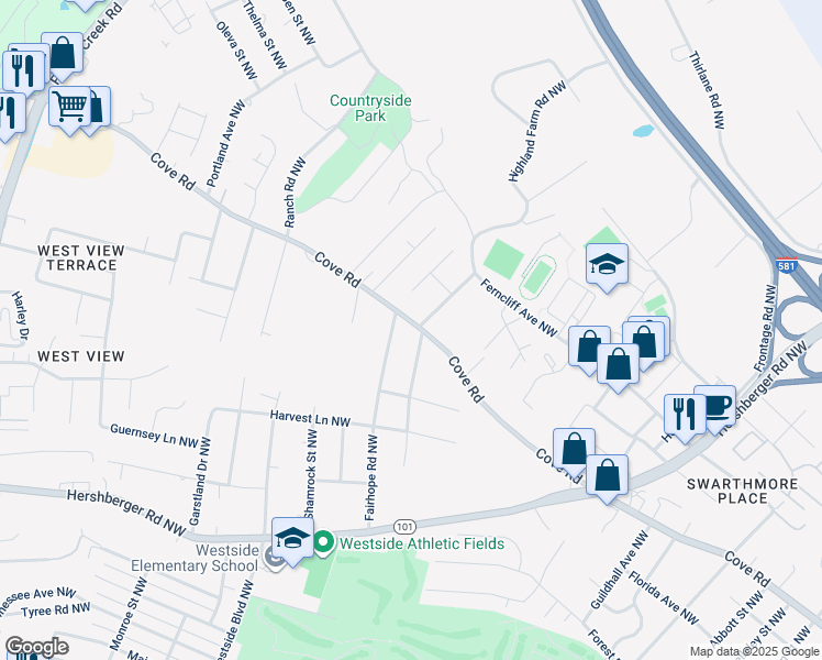 map of restaurants, bars, coffee shops, grocery stores, and more near 3710 Cove Road in Roanoke