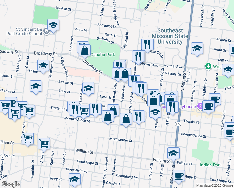 map of restaurants, bars, coffee shops, grocery stores, and more near 1320 Harmony Street in Cape Girardeau