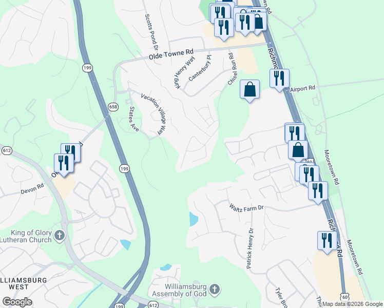 map of restaurants, bars, coffee shops, grocery stores, and more near 5335 Aden Court in Williamsburg
