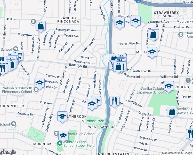 map of restaurants, bars, coffee shops, grocery stores, and more near 1036 Wunderlich Drive in San Jose