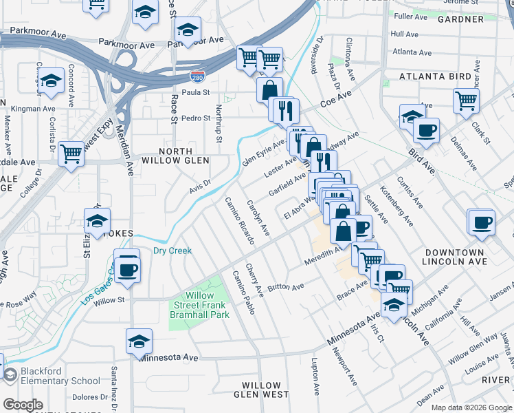 map of restaurants, bars, coffee shops, grocery stores, and more near 1044 Camino Ricardo in San Jose