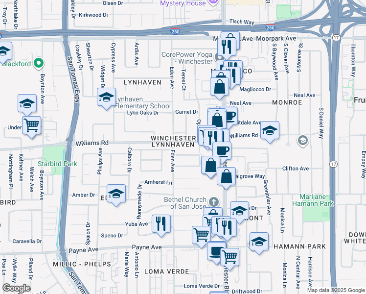 map of restaurants, bars, coffee shops, grocery stores, and more near 3201 Acorn Way in San Jose