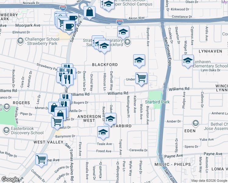 map of restaurants, bars, coffee shops, grocery stores, and more near 3982 Williams Road in San Jose