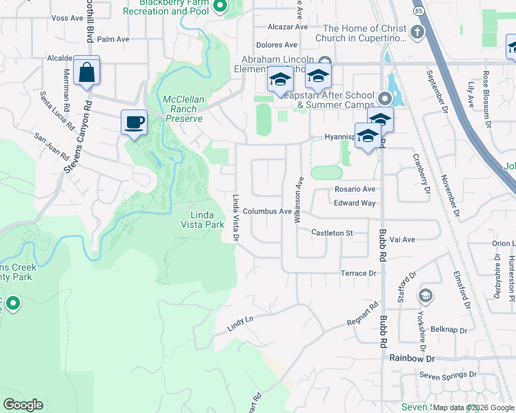 map of restaurants, bars, coffee shops, grocery stores, and more near 11053 Bel Aire Court in Cupertino