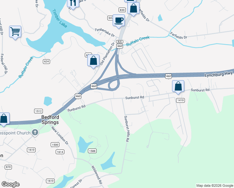 map of restaurants, bars, coffee shops, grocery stores, and more near 2246 Sunburst Road in Evington