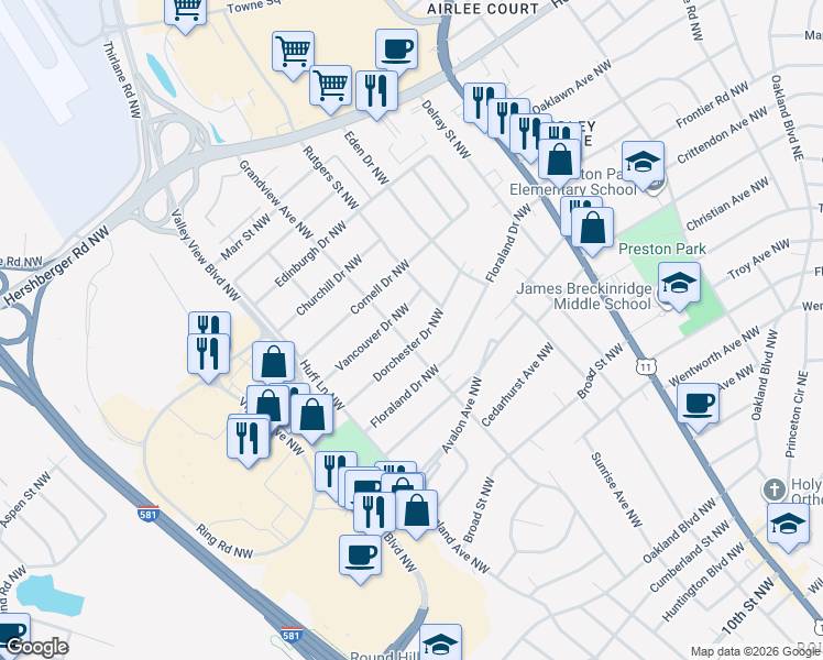 map of restaurants, bars, coffee shops, grocery stores, and more near in Roanoke