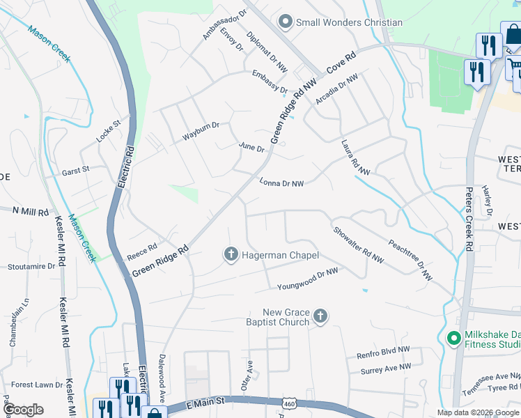 map of restaurants, bars, coffee shops, grocery stores, and more near 5020 Showalter Road Northwest in Roanoke