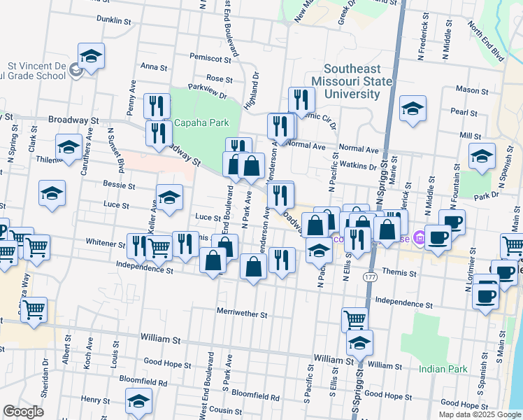 map of restaurants, bars, coffee shops, grocery stores, and more near 207 Henderson Avenue in Cape Girardeau