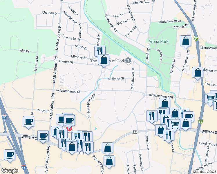 map of restaurants, bars, coffee shops, grocery stores, and more near 2834 Independence Street in Cape Girardeau