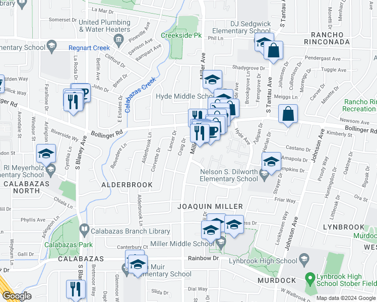 map of restaurants, bars, coffee shops, grocery stores, and more near 1025 Miller Avenue in San Jose