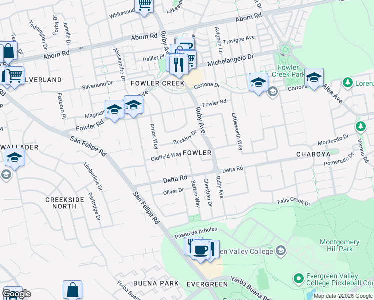 map of restaurants, bars, coffee shops, grocery stores, and more near 3059 Oldfield Way in San Jose
