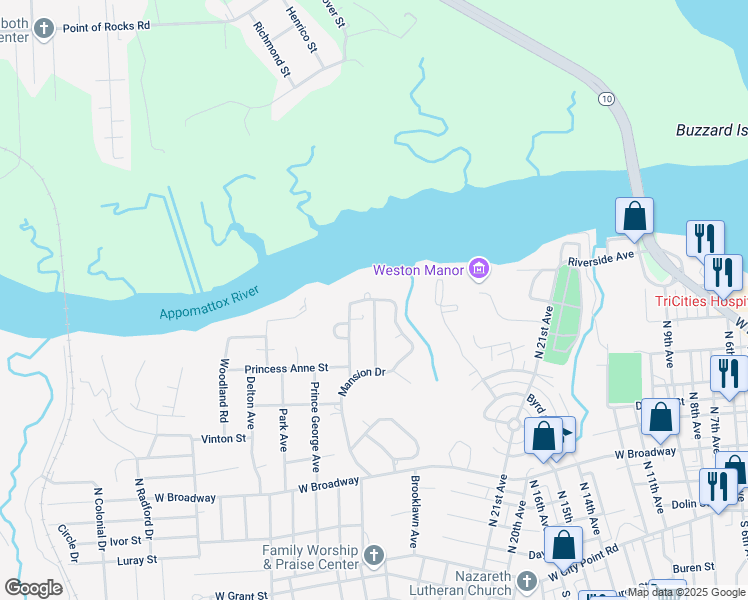 map of restaurants, bars, coffee shops, grocery stores, and more near 901 Mansion Drive in Hopewell