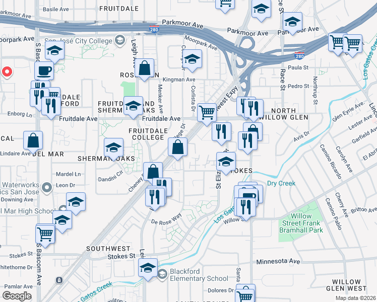 map of restaurants, bars, coffee shops, grocery stores, and more near 960 Lakeshire Court in San Jose