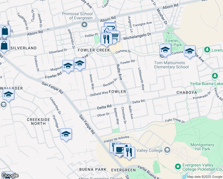 map of restaurants, bars, coffee shops, grocery stores, and more near 3059 Oldfield Way in San Jose