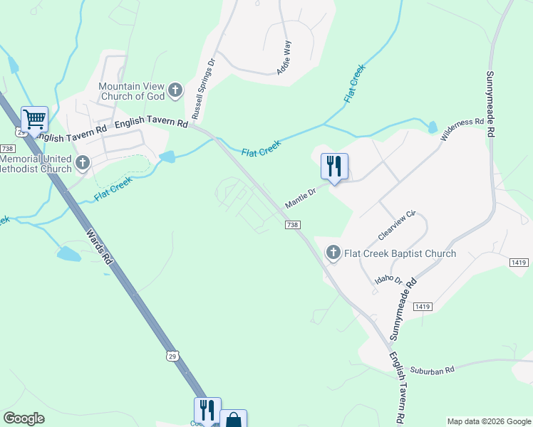 map of restaurants, bars, coffee shops, grocery stores, and more near 70 English Commons Drive in Lynchburg