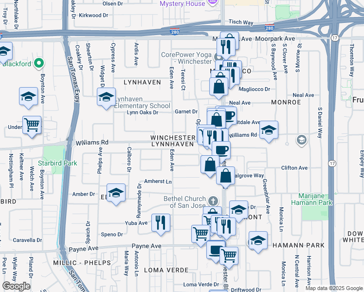 map of restaurants, bars, coffee shops, grocery stores, and more near 3201 Acorn Way in San Jose