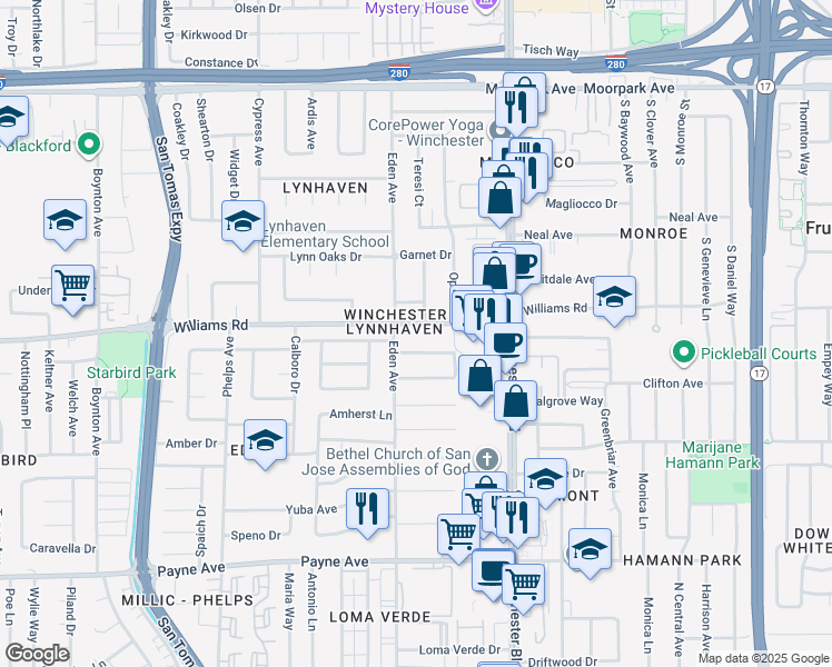 map of restaurants, bars, coffee shops, grocery stores, and more near 3220 Williams Road in San Jose