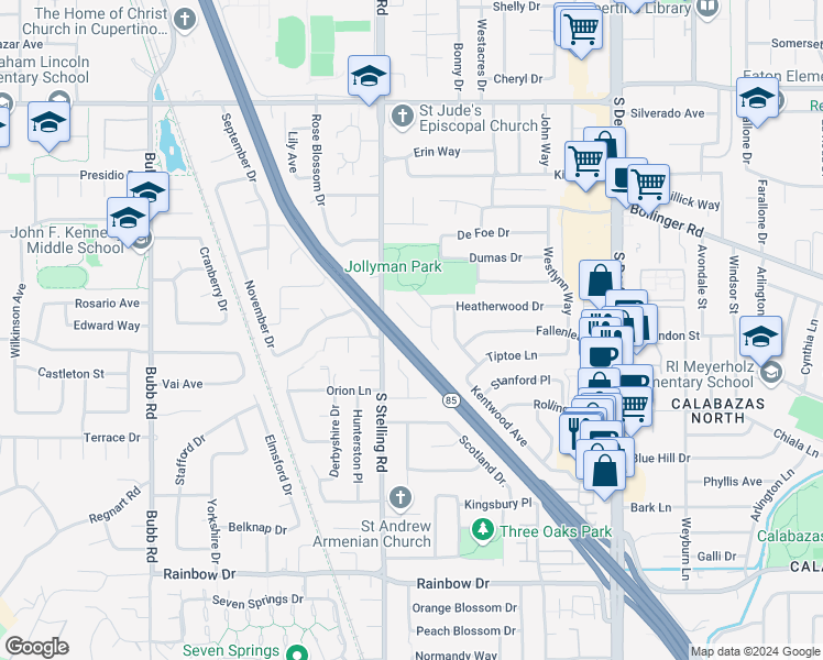 map of restaurants, bars, coffee shops, grocery stores, and more near 7612 Elderwood Court in Cupertino