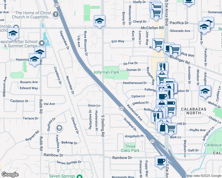 map of restaurants, bars, coffee shops, grocery stores, and more near 7612 Elderwood Court in Cupertino